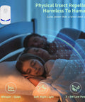 Upgraded Ultrasonic Pest Repeller 2026 in use beside sleeping family in bedroom, demonstrating whisper-quiet, low power, soft night light feature