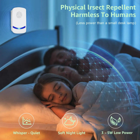 Upgraded Ultrasonic Pest Repeller 2026 in use beside sleeping family in bedroom, demonstrating whisper-quiet, low power, soft night light feature