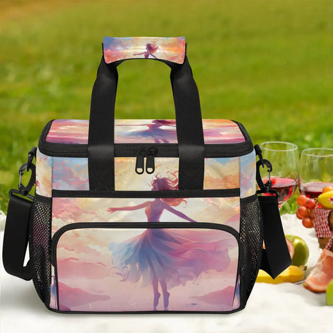 Colorful insulated picnic backpack with lunch box, artistic design, sits on grass with wine glasses, snacks, and fruit nearby.