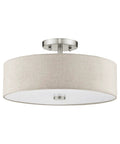 Meridian 3 Light Ceiling Mount Fixture in Brushed Nickel with Oatmeal Fabric Drum Shade, ideal for living room or dining area lighting.