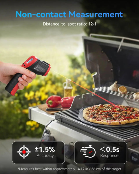 Infrared Thermometer Gun For Cooking And Grilling, Non Contact Digital IR Temperature Meter pointed at pizza on grill