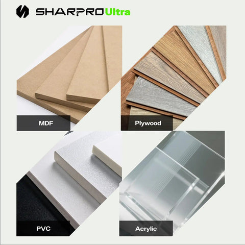 Heavy Duty Compression Spiral Router Bit With 1/4 Inch Shank And Dual Bottom Bearings To Slice Laminate And Plywood Patterns Like Butter For A Straight Shooter Finish, showcasing MDF, Plywood, PVC, and Acrylic.
