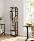 Freestanding Coat Rack With 3 Storage Shelves And 12 Hooks, Industrial Hall Tree Organizer in living room with window view