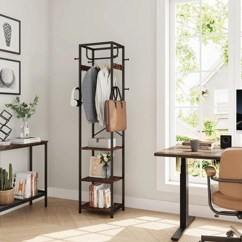 Freestanding Coat Rack With 3 Storage Shelves And 12 Hooks, Industrial Hall Tree Organizer in living room with window view