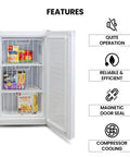 Hella Compact 3.1 Cubic Feet White Upright Freezer With Three Wire Baskets Garage Ready with food items shown inside.