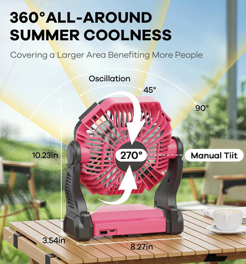 20000mAh Portable Camping Fan With LED Light Battery Powered Quiet Operation USB A And USB C Ports Pink on table