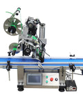 Big Time Automatic Desktop Conveyor Labeler For Flat Bottles And Merchandise Plug And Play Sticker Applicator showing blue conveyor belt and control panel.