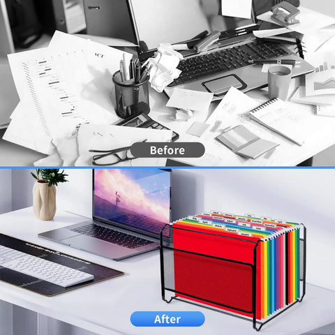Bigtime Value 12 Pack Hanging File Folders Letter Size Featuring Adjustable Tabs Clean Labels organized in a desktop file holder.