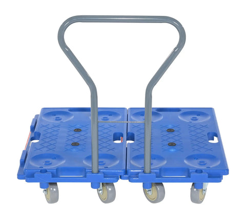 Interlocking Plastic Dolly Handle Attachment Dark Gray With Optional Steel Handle shown on blue dolly with wheels