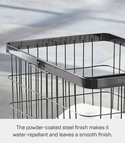 Close-up of Modern Steel Laundry Basket With Water Resistant Finish, showcasing slick black steel frame and rectangular shape.
