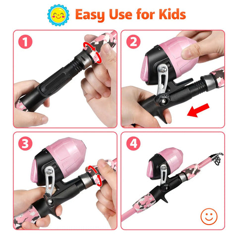 Steps to operate pink Kids Fishing Pole With Spincast Reel Telescopic Rod Full Gear Kit Pink 150cm Easy Cast Travel Bag