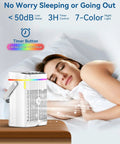 Compact 4-In-1 Mini Air Conditioner With Ice Water Cooling next to sleeping woman, showing low noise and timer features.