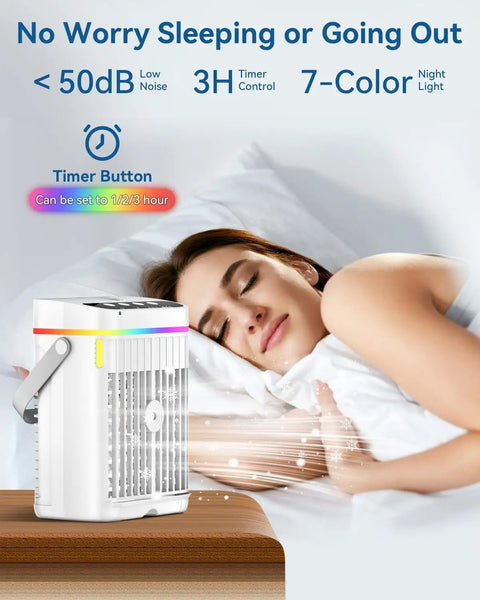 Compact 4-In-1 Mini Air Conditioner With Ice Water Cooling next to sleeping woman, showing low noise and timer features.
