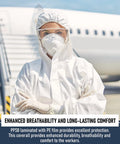 Person wearing Disposable Hazmat Suit 25 Pack With Hood Heavy Duty Breathable PPE Coverall Painter Suit 2X Large For Indoor Outdoor Use