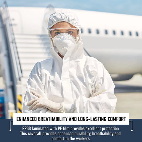 Person wearing Disposable Hazmat Suit 25 Pack With Hood Heavy Duty Breathable PPE Coverall Painter Suit 2X Large For Indoor Outdoor Use