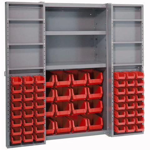 Industrial Grade Storage Cabinet With Sixty Four Red Plastic Sort Trays Built Solid As Hell For Busiest Warehouses Plus 270 Degree Swinging Doors And Quick Access Shelves Handle Inventory Like A Pro, showing trays and shelves.