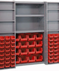 Super Heavy Duty Steel Workshop Storage Cabinet Featuring 68 Red Plastic Bin Trays And Adjustable Interior Shelves For A Hella Neat Garage Organization System with open doors and organized trays.