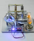 Top-Tier Stirling Engine Generator Model Set 3 Twin-Cylinder Brass And Aluminum Alloy Desktop Physics Demo Kit with glowing tubes and flywheel.
