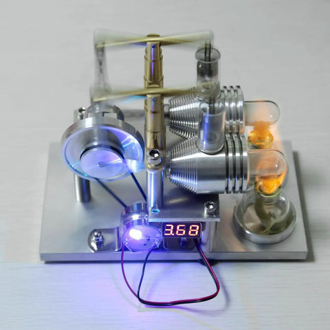 Top-Tier Stirling Engine Generator Model Set 3 Twin-Cylinder Brass And Aluminum Alloy Desktop Physics Demo Kit with glowing tubes and flywheel.