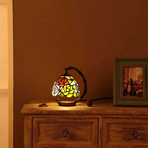 Rose Tiffany Style Stained Glass Table Lamp With Six Inch Lampshade On Sturdy Cast Iron Base Pink Handmade Decor That Pops For Living Room Or Bedroom LED Bulb Included 25W Max E12 Compatible