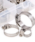 60 Piece Hose Clamp Kit In 6-38mm Range, 304 stainless steel worm gear clamps shown in various adjustable sizes for plumbing and auto projects.