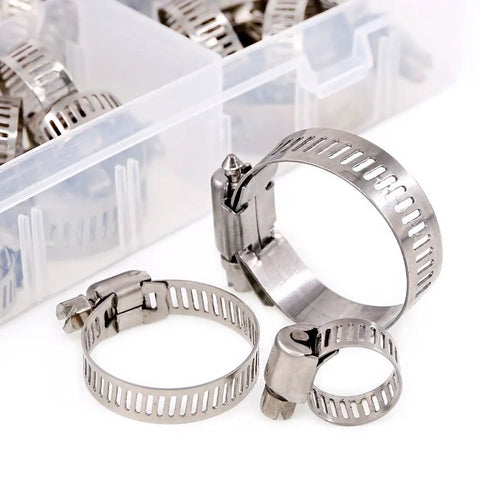 60 Piece Hose Clamp Kit In 6-38mm Range, 304 stainless steel worm gear clamps shown in various adjustable sizes for plumbing and auto projects.