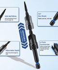 Boss Quality 17 Piece Countersink Drill Bit Set With Hex Shank showing adjustable depth and 1/4" hex shank design.