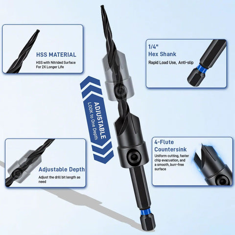 Boss Quality 17 Piece Countersink Drill Bit Set With Hex Shank showing adjustable depth and 1/4" hex shank design.