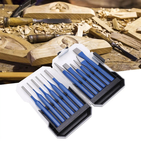Heavy Duty 12 Piece Chisel Punch Kit With Blue Handles And Conical Flat Cylindrical Tips For Engraving Carving Metalworking Stamping Jobs Done Right in case