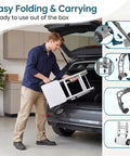 Person loading Heavy Duty Folding Hand Truck Workhorse With Aluminum Dolly Cart into car trunk, showing ergonomic grip and collapsibility.