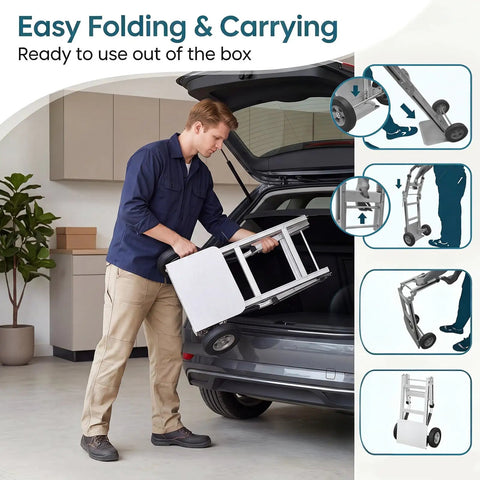 Person loading Heavy Duty Folding Hand Truck Workhorse With Aluminum Dolly Cart into car trunk, showing ergonomic grip and collapsibility.