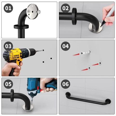 Installation steps for 2 Pack 24 Inch Black Shower Grab Bars Stainless Steel Wall Mount Safety Hand Rails For Bathrooms Supports Up To 500 Lbs Anti Rust Concealed Screws Ideal For Seniors And Handicap Accessibility