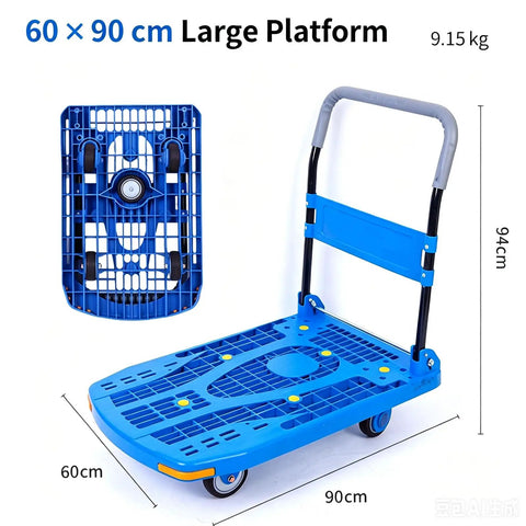 Ultra Lightweight 60x90 Cm Plastic Platform Hand Truck With Silent Swivel Wheels, blue foldable dolly cart shown with 60x90 cm platform