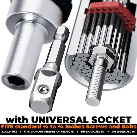 Close-up of Ratcheting Universal Socket Tool Set With T-Handle Screwdriver And Power Drill Adapter showing sockets and drill bits.