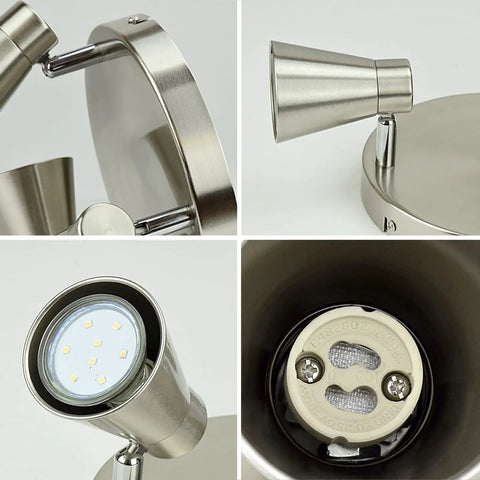 Close-up of Round Ceiling Spotlight Fixture With 3 Lights, Flush Mount Track Lighting, Brushed Nickel, GU10 bulb detail shown