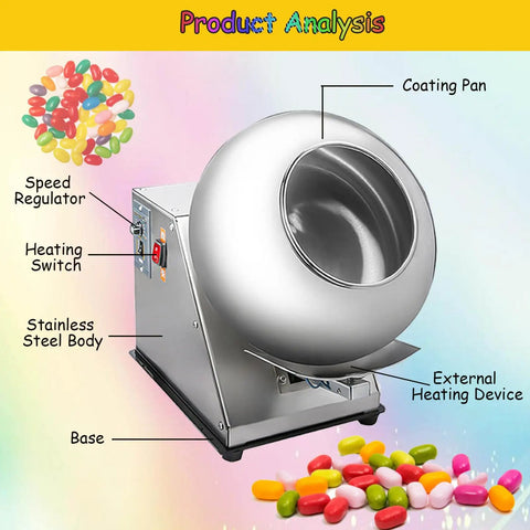 Heavy Duty Candy Coater Machine With Steady Heat Drying And Slick Sugar Ball Polish For Pharmaceutical Food Production And Chemical Work That Slaps On Flawless Coatings Zero Sweat On Your Busy Shop Floor, featuring stainless steel body and speed regulator.