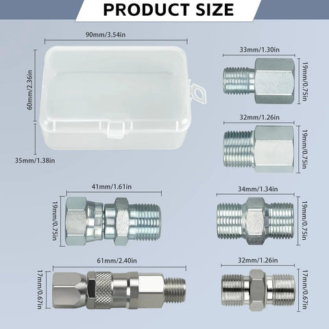 Six Piece Pro Grade Sprayer Joint Set For Airless Paint Sprayers With Spray Gun Swivel Joint And Paint Hose Connectors That Include Quarter Inch And Three Eighth Inch Fittings In Multiple Sizes For Fast Flexible Attachments, organizer and fittings size chart