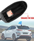 Shark Fin Antenna Cover For Hyundai Kona 2018 2019 2020 2021 2022 2023 Glossy Black Roof Topper Not GPS Model 96210 J9300 Easy Install Chip Equipped Exterior Upgrade showing internal view with chip enhancing signal, mounted on car roof.