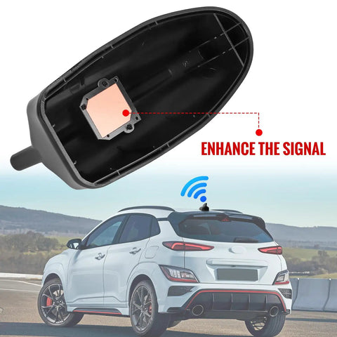 Shark Fin Antenna Cover For Hyundai Kona 2018 2019 2020 2021 2022 2023 Glossy Black Roof Topper Not GPS Model 96210 J9300 Easy Install Chip Equipped Exterior Upgrade showing internal view with chip enhancing signal, mounted on car roof.