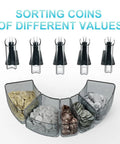 Coin Counter And Sorter With TFT Display sorting different denominations of coins into trays.