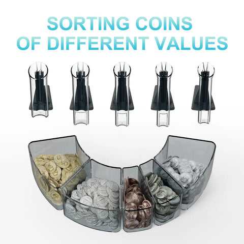 Coin Counter And Sorter With TFT Display sorting different denominations of coins into trays.