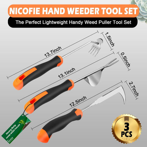Three-Piece Hand Weeder Tool Set With Rubber Handles, Crack Crevice Weeder, Uprooting V-Shaped Weeder, And Four Teeth Digger For Deep Root Removal In Lawn, Garden, Sidewalk Cracks, Easy Pull Weed Tools For Every Gardener, 3 pcs