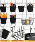Dope Grid Wall Organizer Set With 3 Black Metal Mesh Baskets, 6 Plastic Hanging Cups, 18 S Hooks And Mounting Hardware in use
