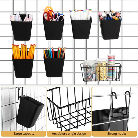 Dope Grid Wall Organizer Set With 3 Black Metal Mesh Baskets, 6 Plastic Hanging Cups, 18 S Hooks And Mounting Hardware in use