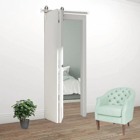 Nickel Plated 36 Inch Bifold Sliding Barn Door Hardware Kit For Closet Doors With Smooth Quiet Track System Side And Top Mount Rollers Includes Track Rollers Shafts Brackets Guides Hinges And Handle