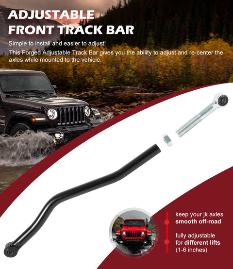 Beefed-Up Front Adjustable Track Bar For Jeep Wrangler JK JKU 2007 Through 2018 Fits 1-6 Inch Lift 1.5 Inch OD Solid Steel Panhard Bar Eliminates Death Wobble Maintenance Free Sealed Bushing Black installed on a Jeep JK