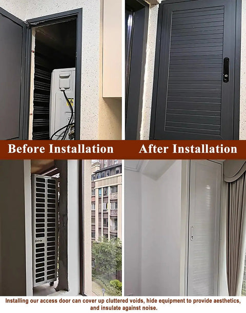 Top Shelf Aluminum Access Panel 26x36 Inches Weatherproof Hvac Duct Cover For Attics And Electrical Panels shown before and after installation.