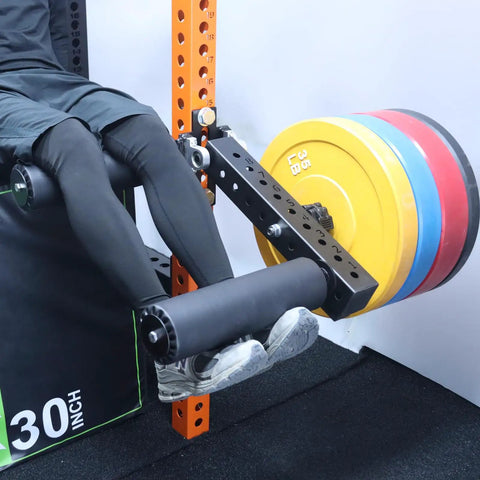 Leg Extension And Curl Machine Attachment for Power Rack and Home Gym, thick foam roller, steel build in use