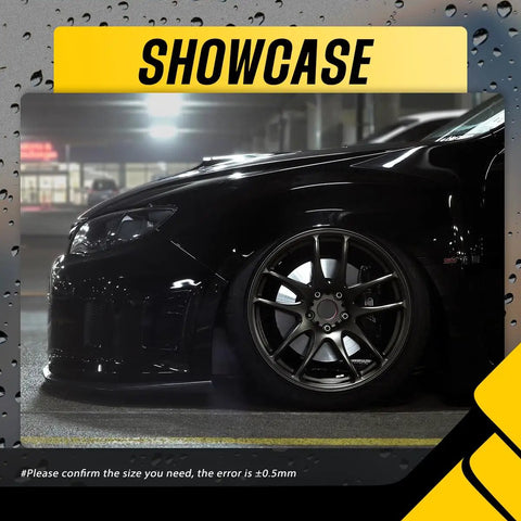 Matte Black Wheel Center Caps 2.63 Inch Outer Diameter Snap Fit Installation for Cadillac Chevy Buick on car side view.
