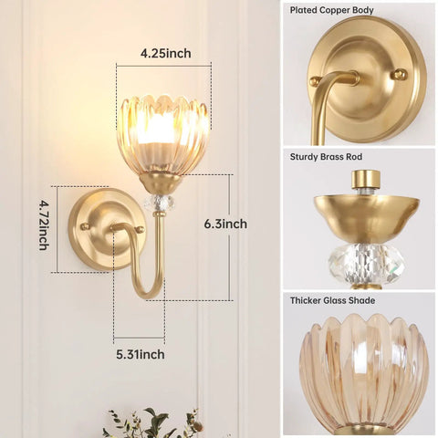 Two Pack Vintage Battery Powered Wall Sconces With 5000mAh Rechargeable Battery Remote Control Dimmable Tulip Amber Shades Wireless Easy Install For Bedroom Living Room And Bathroom featuring brass finish and tulip amber shades dimensions